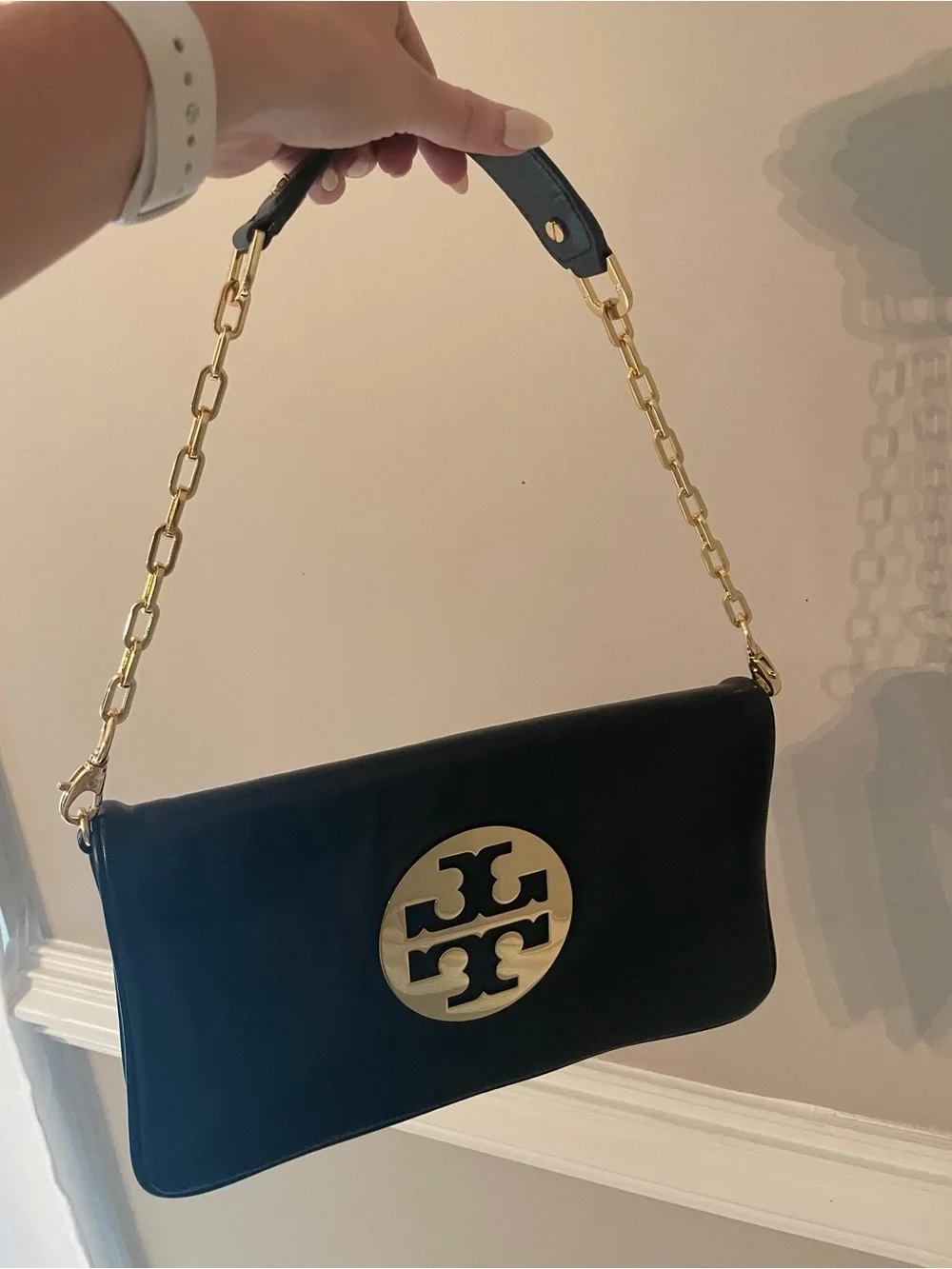 Like New Tory Burch Black Leather Clutch/Shoulder Bag with Gold Logo Accent